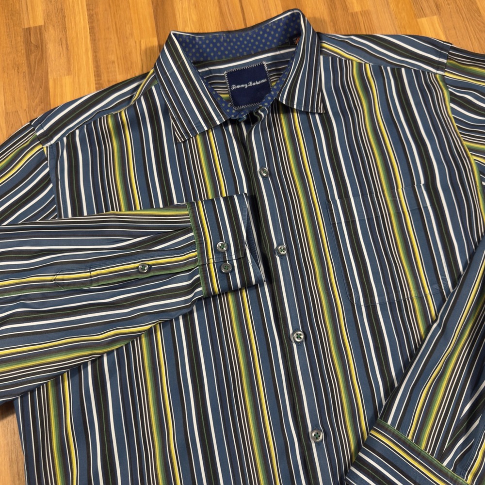 Tommy Bahama Mens Large Blue Green Striped Long Sleeve Button Down Cotton Shirt